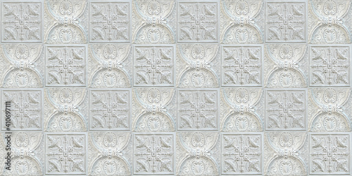 Old decorative painted tin ceiling tiles. Seamless pattern. 