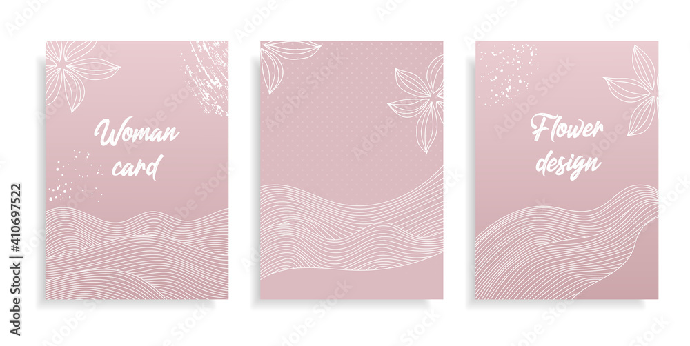 Vector set floral banners set with white flower on pink background. Romantic design for natural cosmetics, perfume, women products. Can be used as greeting card or wedding invitation.