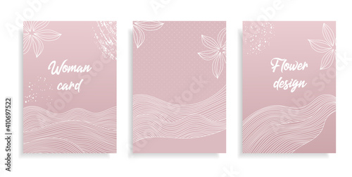 Vector set floral banners set with white flower on pink background. Romantic design for natural cosmetics, perfume, women products. Can be used as greeting card or wedding invitation.
