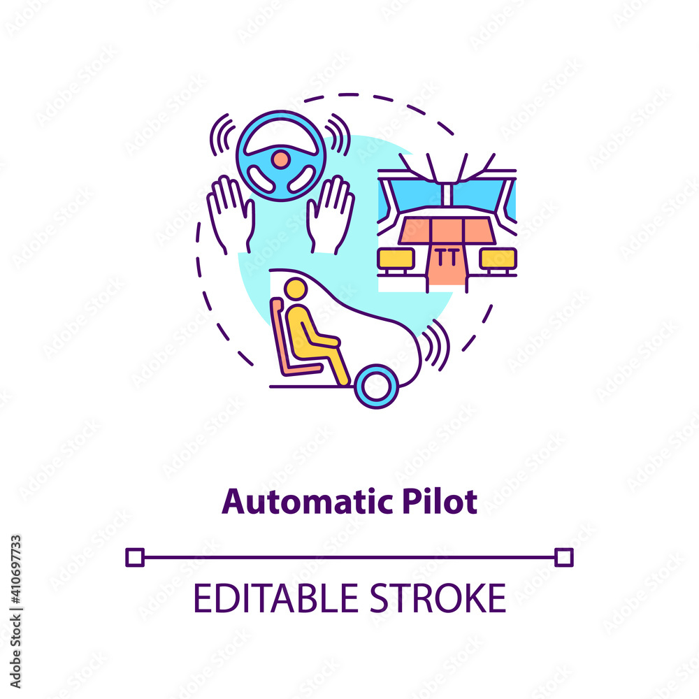 Automatic pilot concept icon. Autopilot idea thin line illustration. Device for controlling vehicle without constant human intervention. Vector isolated outline RGB color drawing. Editable stroke