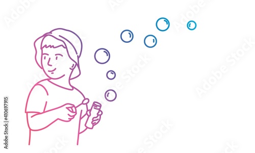 Boy in a Panama hat blowing soap bubbles. Colorful line. Vector illustration.