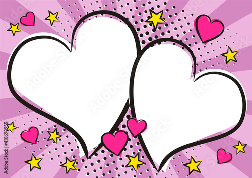 Love Pop art Bright comic double heart frame with stars. White box for text in the shape of a heart. Template for congratulations, Valentines day or wedding photo album. Vector illustration