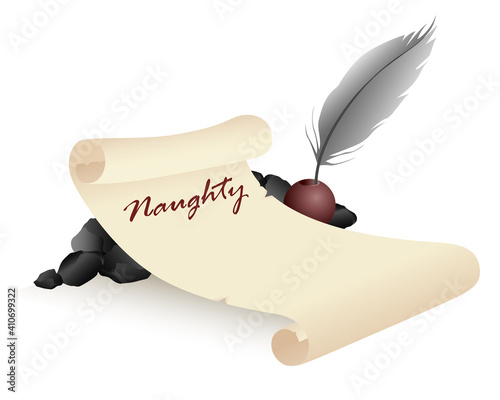 Santa's naughty list with a quill and ink, laying upon lumps of coal
