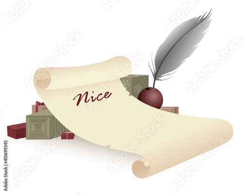 Santa's nice list with a quill and ink, laying upon neatly wrapped gifts
