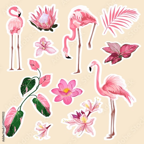 Flamingo, cute animals, tropical flowers. Set of cartoon stickers, patches, badges, pins, prints for kids. Doodle style illustration.