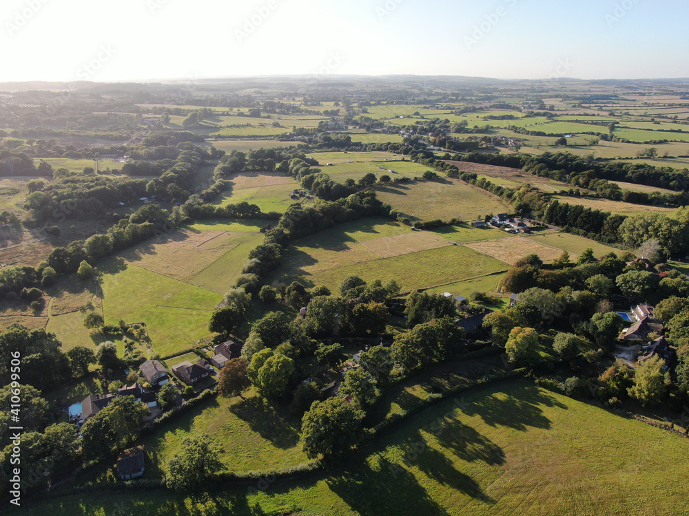 aerial view of lovely rolling gentle countryside in Dorset , England, uk in summer