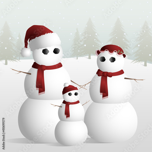 A father, mother, and child snowman family standing together in a snowy field
