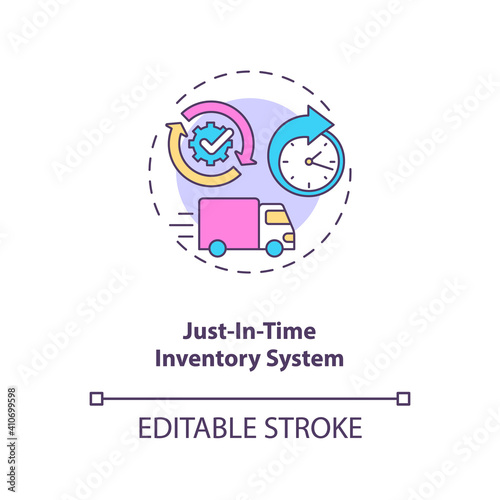 Just-in-time inventory system concept icon. M2M communication idea thin line illustration. Ordering materials and products from suppliers. Vector isolated outline RGB color drawing. Editable stroke