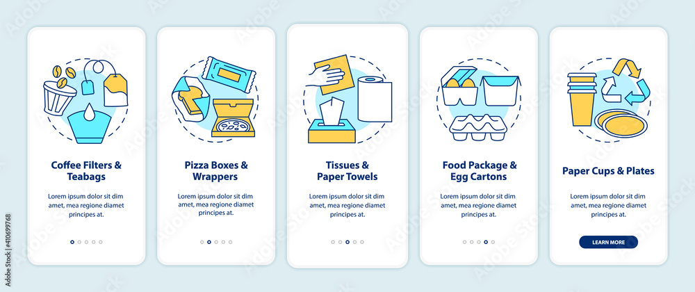 Food-spoiled paper waste onboarding mobile app page screen with concepts. Coffee filters, tissues, pizza boxes walkthrough 5 steps graphic instructions. UI vector template with RGB color illustrations