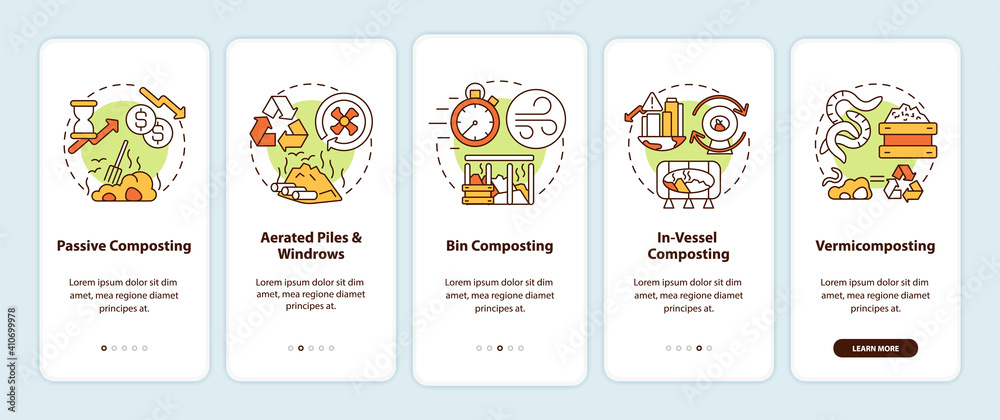 Composting methods onboarding mobile app page screen with concepts. Passive, aerated piles and windrows walkthrough 5 steps graphic instructions. UI vector template with RGB color illustrations