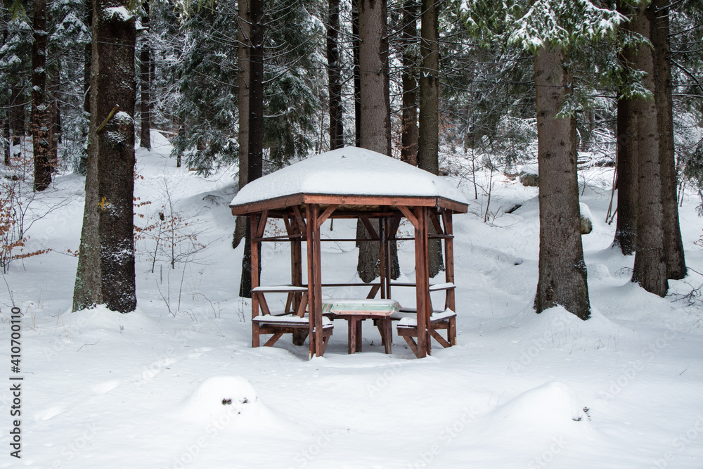 Gazebo in the snow in the mountains Gazebo in the snow in the mountains