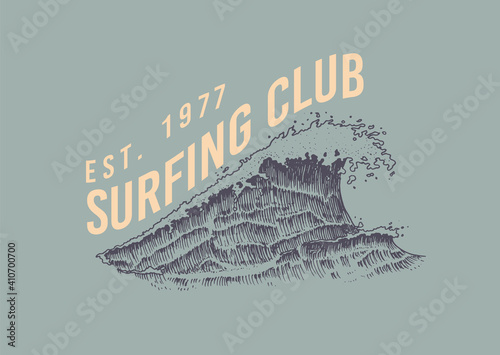 Atlantic tidal waves. Vintage old engraved hand drawn label. Marine and nautical or sea, ocean in Japanese style for banner, background or poster. Isolated vector illustration.
