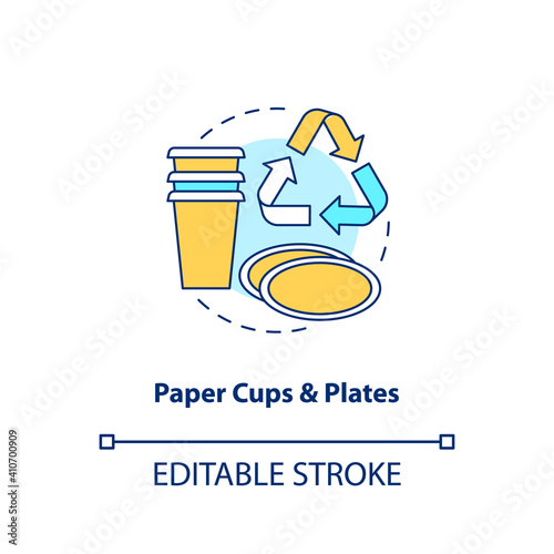Paper cups and plates concept icon. Food-spoiled paper waste idea thin line illustration. Disposable tableware. Composting and recycling. Vector isolated outline RGB color drawing. Editable stroke