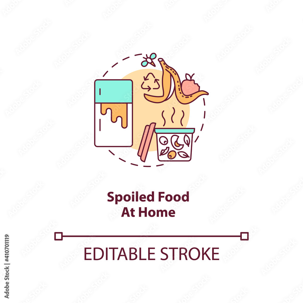 Spoiled food at home concept icon. Expired products idea thin line illustration. Food waste. Funky, rancid odor. Spoilage and wastage. Vector isolated outline RGB color drawing. Editable stroke Spoiled food at home concept icon. Expired products idea thin line illustration. Food waste. Funky, rancid odor. Spoilage and wastage. Vector isolated outline RGB color drawing. Editable stroke
