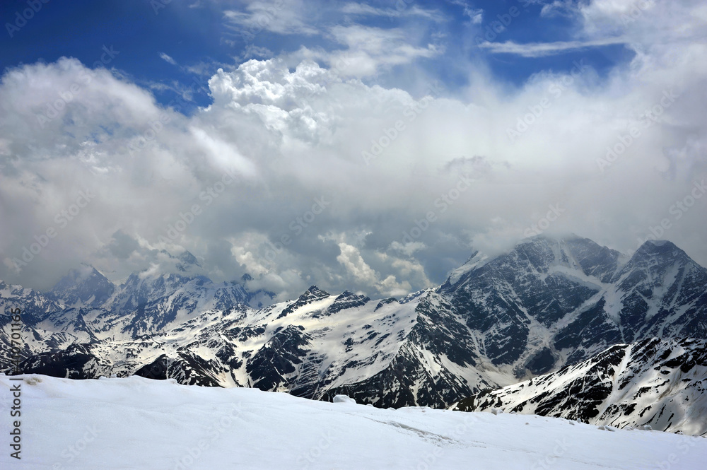 View of the main Caucasian ridge from the southern slope of Elbrus.