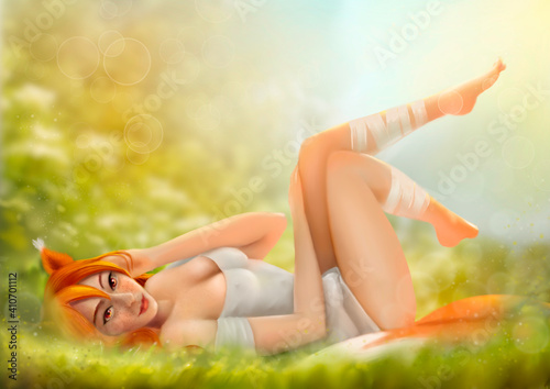 Happy fox in the meadow. Fox girl.