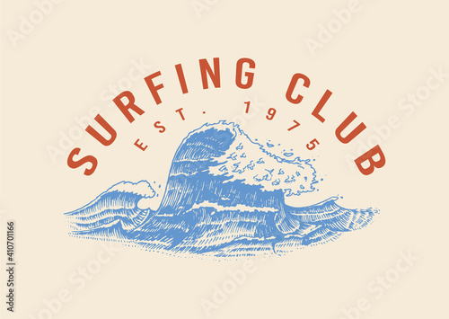 Atlantic tidal waves. Vintage old engraved hand drawn label. Marine and nautical or sea, ocean in Japanese style for banner, background or poster. Isolated vector illustration.