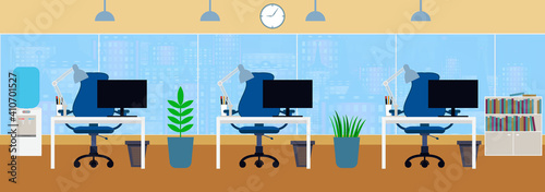 Office workstation interior.Modern business workplace with windows,table,armchair,computer,lamp,flower,workplace desk,bookcase,cooler,clock.Flat design.Beige and blue colors.Stock vector illustration.
