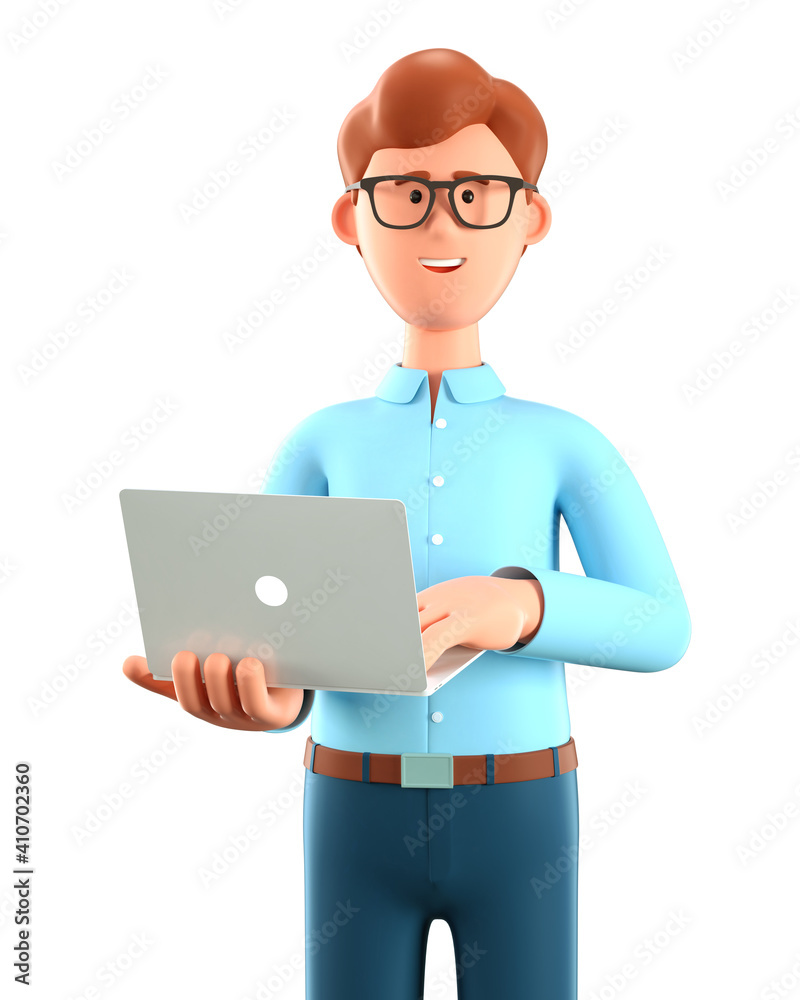 custom made wallpaper toronto digital3D illustration of standing happy man holding laptop. Close up portrait of cartoon smiling businessman using computer, isolated on white. Communication, working in office concept.