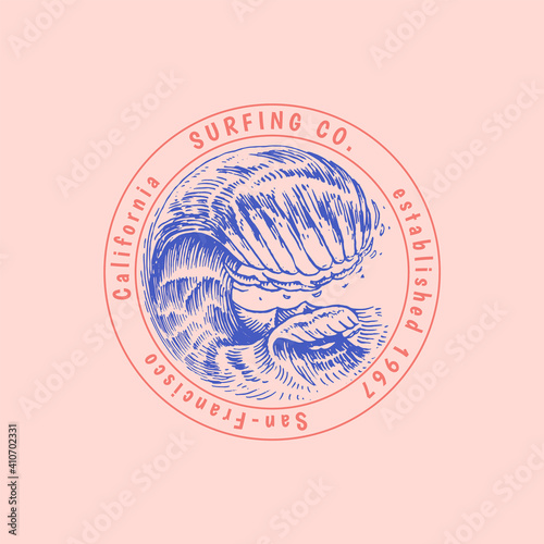 Atlantic tidal waves. Vintage old engraved hand drawn label. Marine and nautical or sea, ocean in Japanese style for banner, background or poster. Isolated vector illustration.