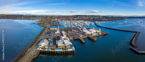 Aerial View of Blaine Public Pier and Marina, Blaine, Washington. Operated by the Port of Bellingham it offers exceptional access to views of Semiahmoo Spit, Mt Baker, and the local waterways.