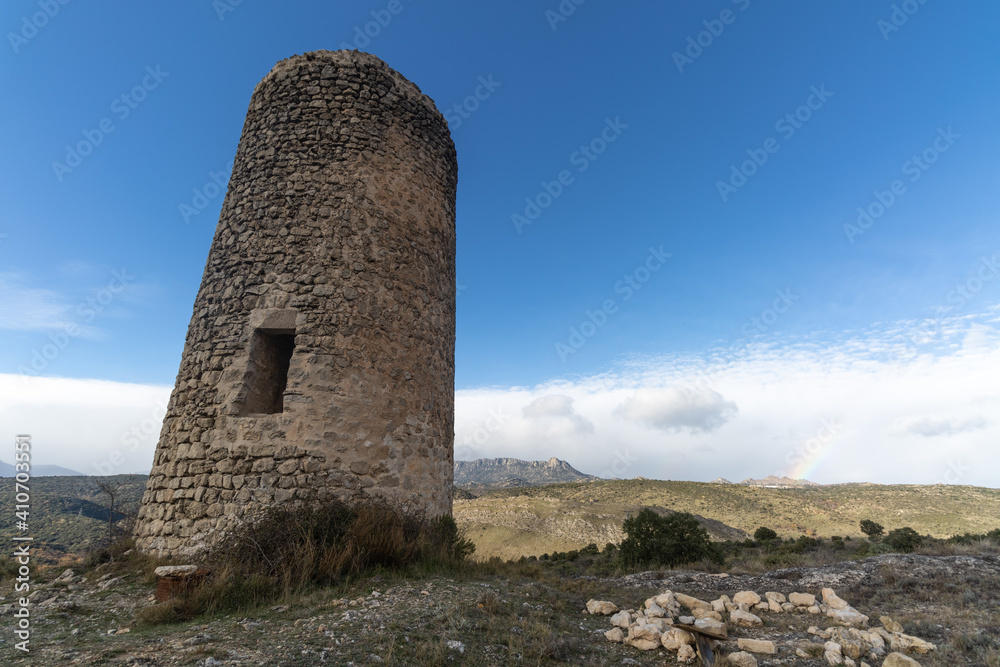 Islamic watchtower of Arrebatacapas on a hill in the Sierra de Guadarrama (Madrid), around which the village of Torrelaguna is located.