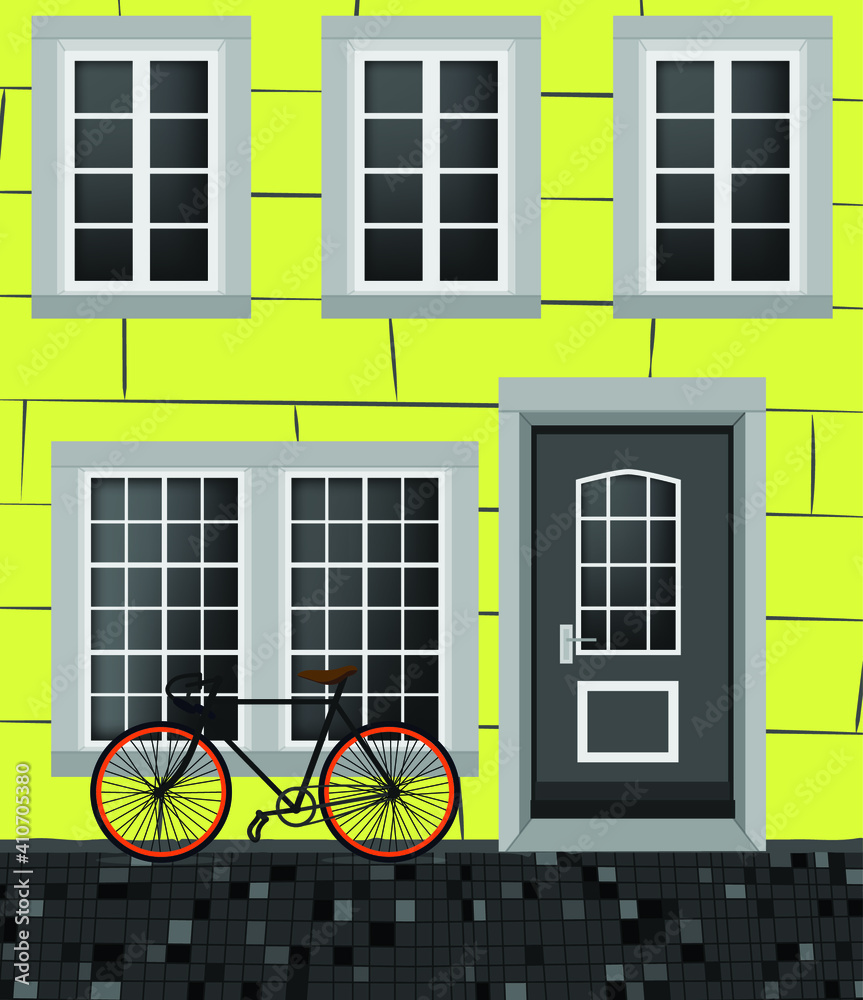 Yellow house with gray windows and a door. Vector illustration of a house with a bicycle. Brick house with stone street. Design for postcards, posters, textiles, menus, banners, websites, backgrounds.