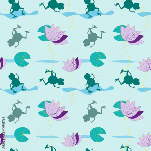 The pattern of the frogs and water lilies. Cartoon frogs. Seamless pattern for gift paper  fabric  or packaging.