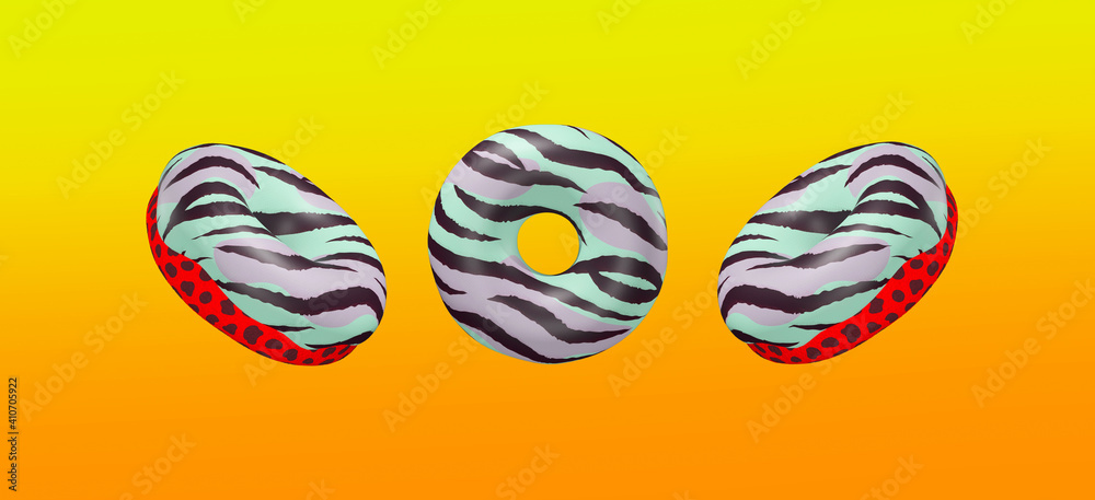 3d illustration fashion collage abstract banner..Creative tiger print donuts on gradient background. Exclusive donuts concept. Minimalistic food style modern art. 3d illustration fashion collage abstract banner..Creative tiger print donuts on gradient background. Exclusive donuts concept. Minimalistic food style modern art.