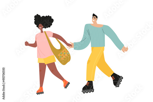 Young couple is rollerblading. Isolated illustration