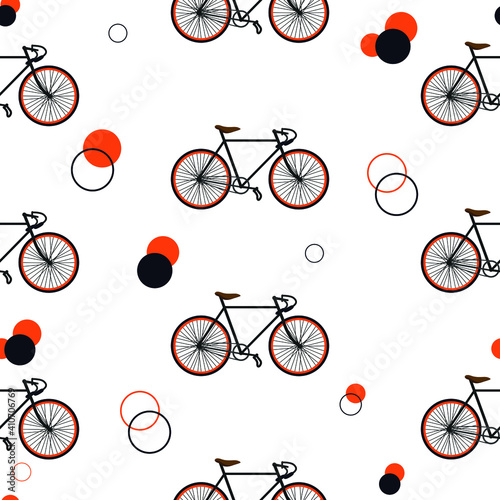 Pater with bicycles and circles. Vector illustration of a seamless pattern. Classic, modern, new, vintage bike. Design for postcards, posters, textiles, backgrounds, websites.