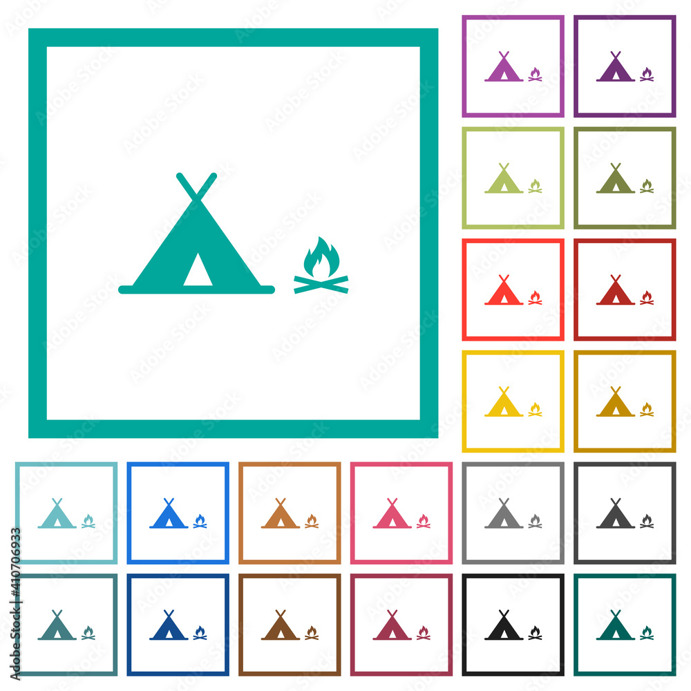 Camping flat color icons with quadrant frames