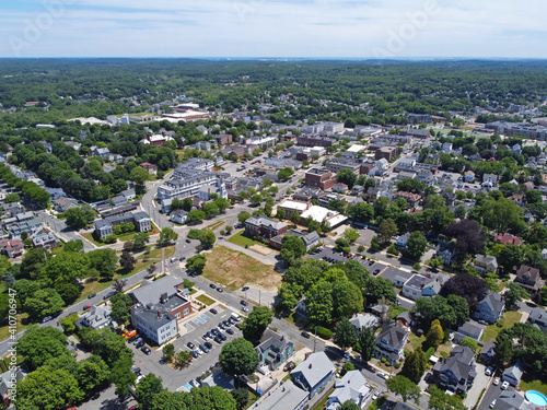 Wakefield historic town center aerial view on Main Street in Wakefield, Massachusetts MA, USA. 