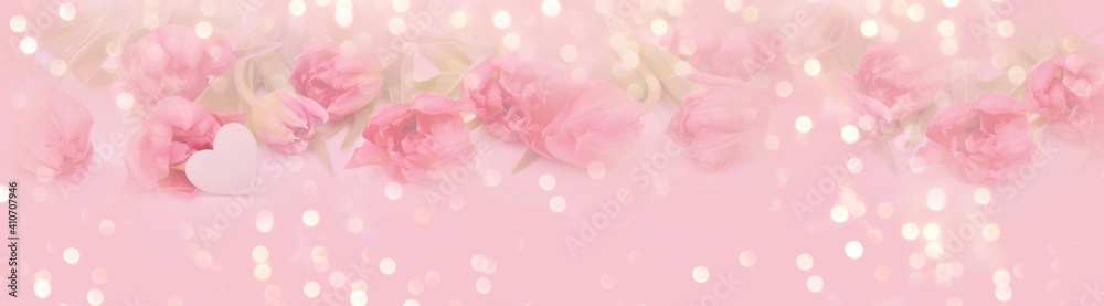 Spring floral banner with soft pastel colors - background panorama - concept Mother's Day, Valentine's Day, wedding or birthday