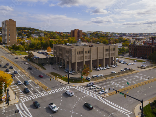 Worcester Police Department aerial view at 9 Lincoln Square in historic downtown Worcester, Massachusetts MA, USA.  photo