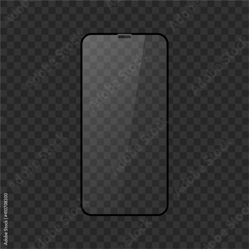 Screen protector, clear glass cell phone cover with white highlights and black frame. Glass protection from damage vector illustration.