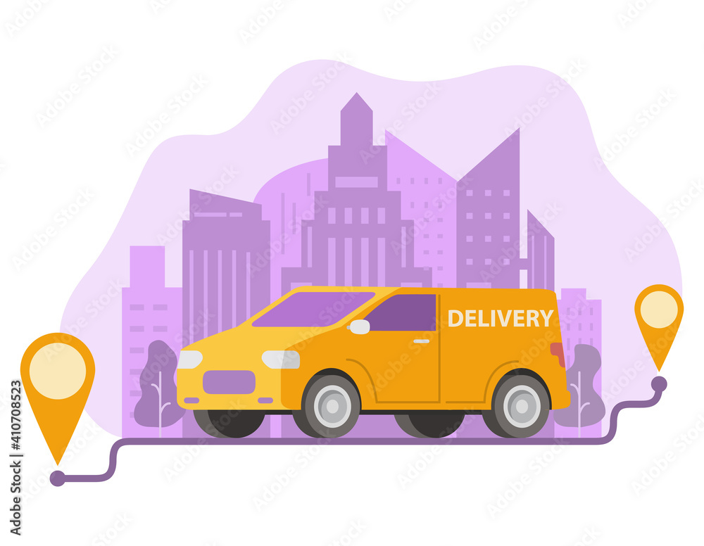 Delivery yellow car carrying parcels on points.City skyline, skyscrapers.Delivery service.Vector modern alo style. 
