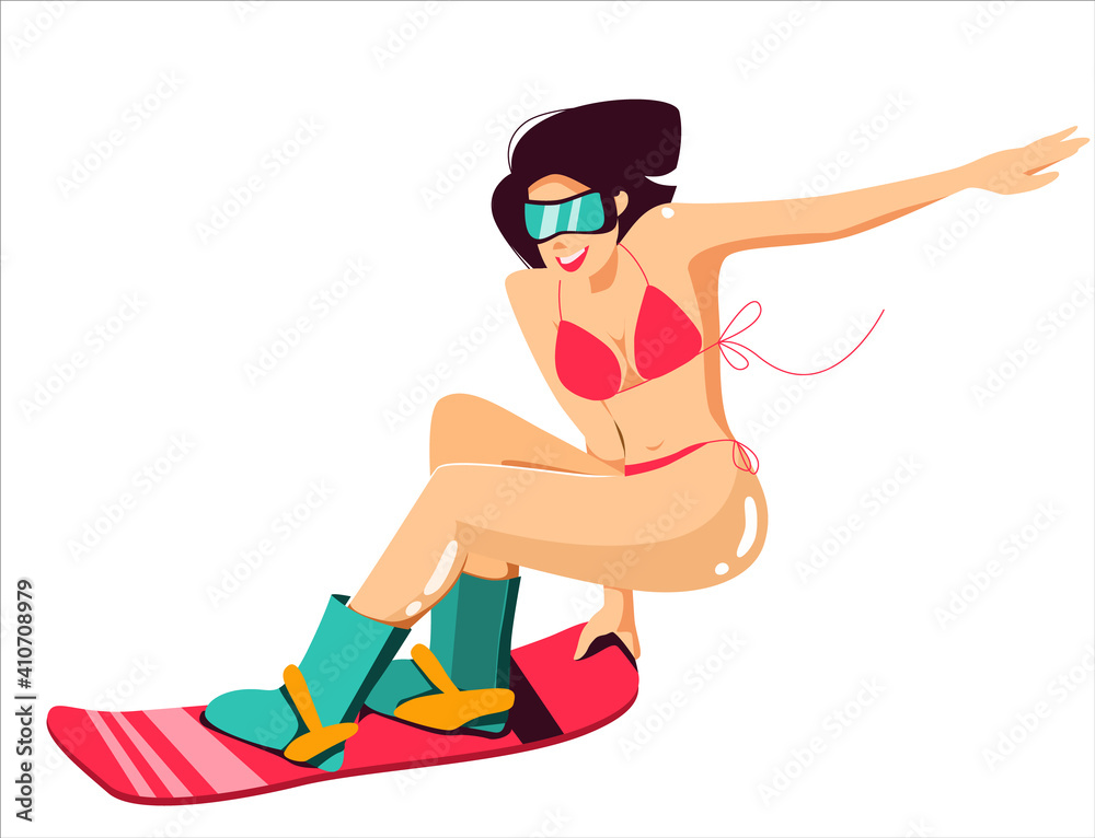 Brunette women in bikini on snowboard. Fun winter sport, woman in sport. Snowboard jumping.