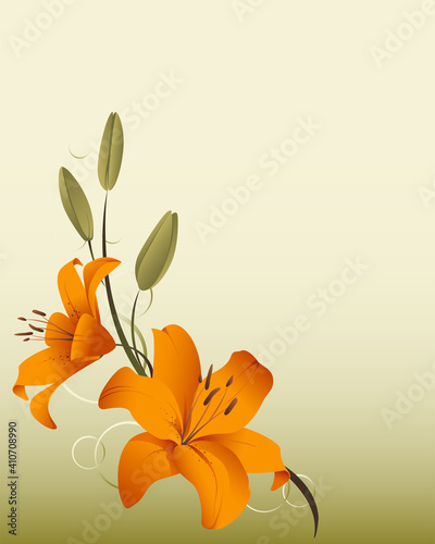 Two orange lilies & buds on a warm fall background, Plenty of copyspace.
