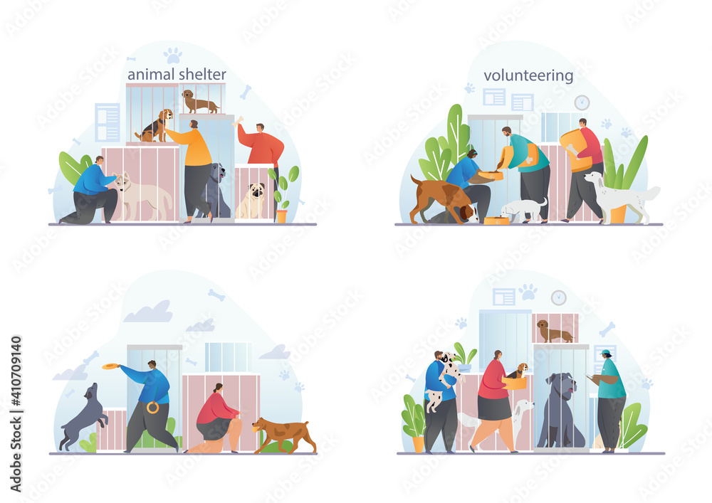 The concept of protection and love for animals. Volunteers take care of animals in shelters. People take homeless animals home. Set of flat cartoon vector illustrations isolated on white background