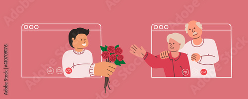 The son congratulates his mother with flowers. Concept for birthday, womens day or mothers day. Video call to elderly parents. Flower delivery. Vector flat illustration
