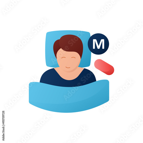 Melatonin supplements flat icon. Insomnia hormonal treatment. Sleep disorder. Healthy sleeping concept. Sleep problems treatment medicines. Health care. Color isolated vector illustration 