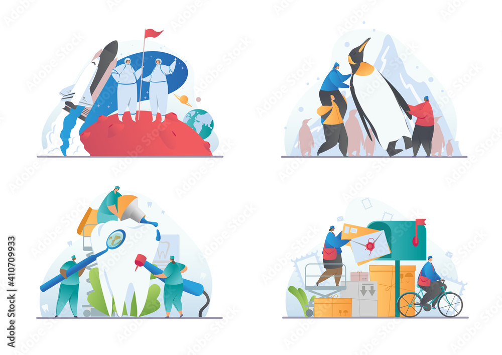 Collection of abstract concepts depicting representatives of various real and fictional professions working. Set of flat cartoon vector illustrations isolated on white background. Abstract metaphors