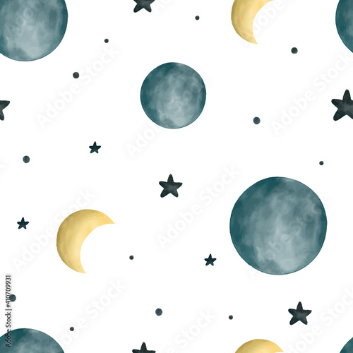 Cute space seamless pattern with moon, planets and stars in watercolor style. Hand drawn Scandinavian childish illustration.