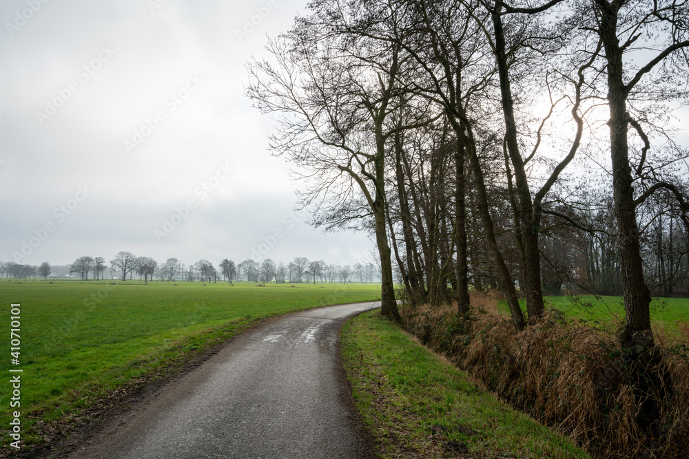 Slatsdijk (Swamp Dike) running through the fields surrounding Loenen, at the edge of Veluwe and IJsselvallei (IJssel Valley) in The Netherlands