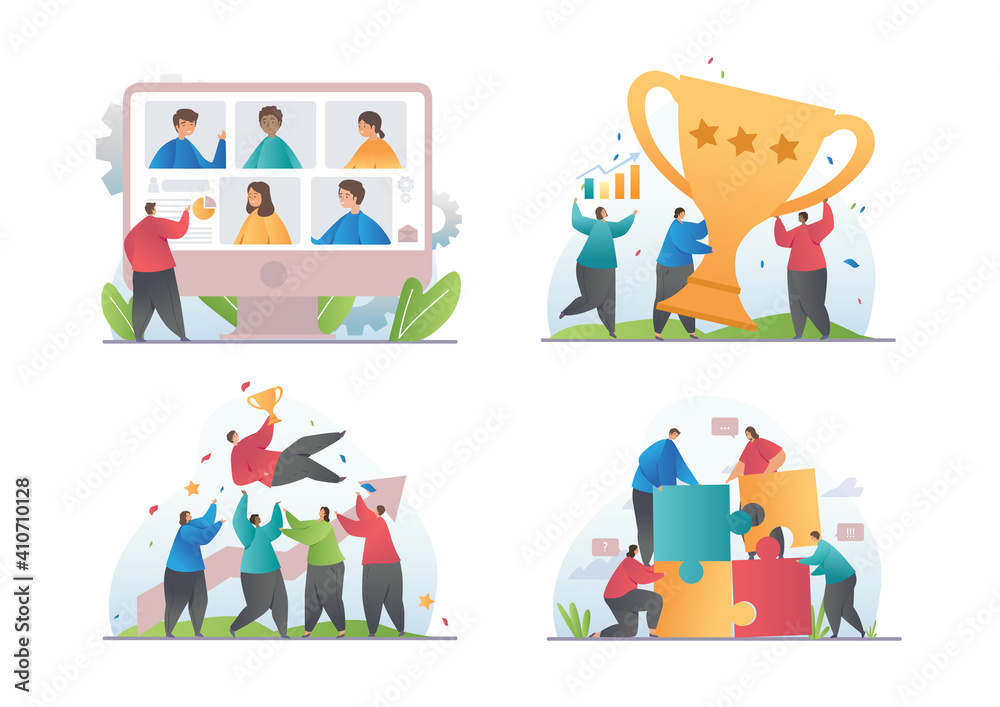 Teamwork abstract concepts isolated on white background. Set of flat cartoon vector illustrations with fictional multiracial characters.