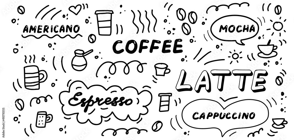 Coffee doodles icon set. Hand drawn lines cartoon icons and lettering collection. Cappuccino, americano, latte, mocha. The concept of morning and breakfast. Vector illustration. Coffee doodles icon set. Hand drawn lines cartoon icons and lettering collection. Cappuccino, americano, latte, mocha. The concept of morning and breakfast. Vector illustration.
