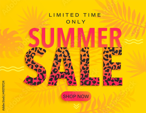 Summer Sale banner with leopard print and tropical leaves for hot season discounts. Special offer poster. Safari themed invitation for limited time shopping with clearance, template for design.Vector