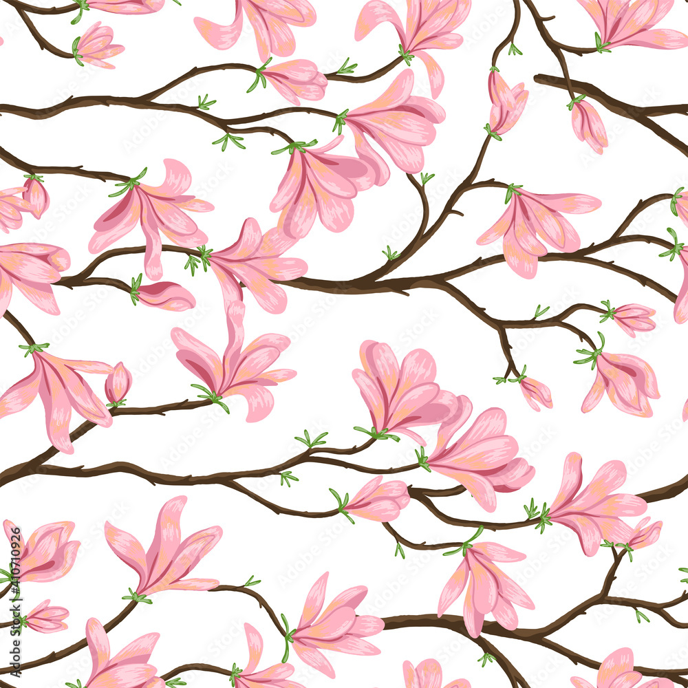 Blooming magnolia branches seamless pattern. Hand drawn vector illustration. Spring season botanical background. Colored vintage ornament. Design for fabric, textile, wallpaper, print, decor, wrap.