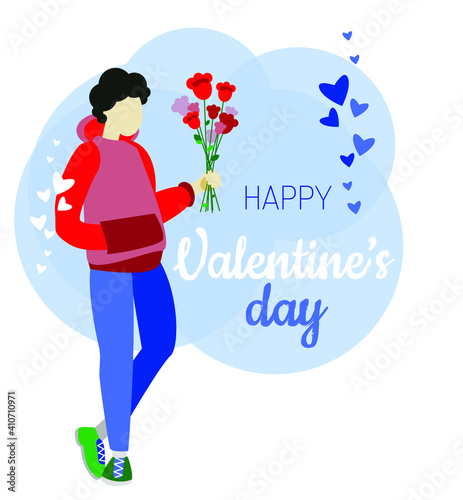 Valentine's day. Romantic. Happy birthday. Young Man Giving Bouquet of Flowers. Flat Vector Illustration